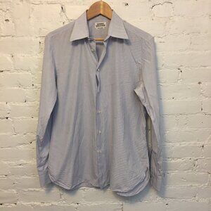 Hermes Custom Made in France Men's Cotton Shirt Blue Tattersall Cuff Size M 15.5